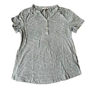 Vivilli Top Sz XL Light Blue Heathered Short Sleeve V Neck Buttons Casual Basic